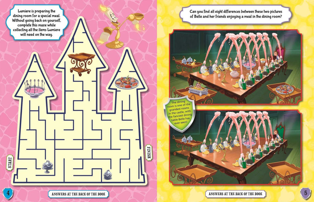 Carte de activitati pentru copii Disney Princess Explore the Castles, contine multiple activitati, inclusiv stickere