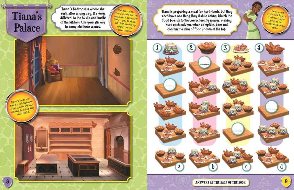 Carte de activitati pentru copii Disney Princess Explore the Castles, contine multiple activitati, inclusiv stickere