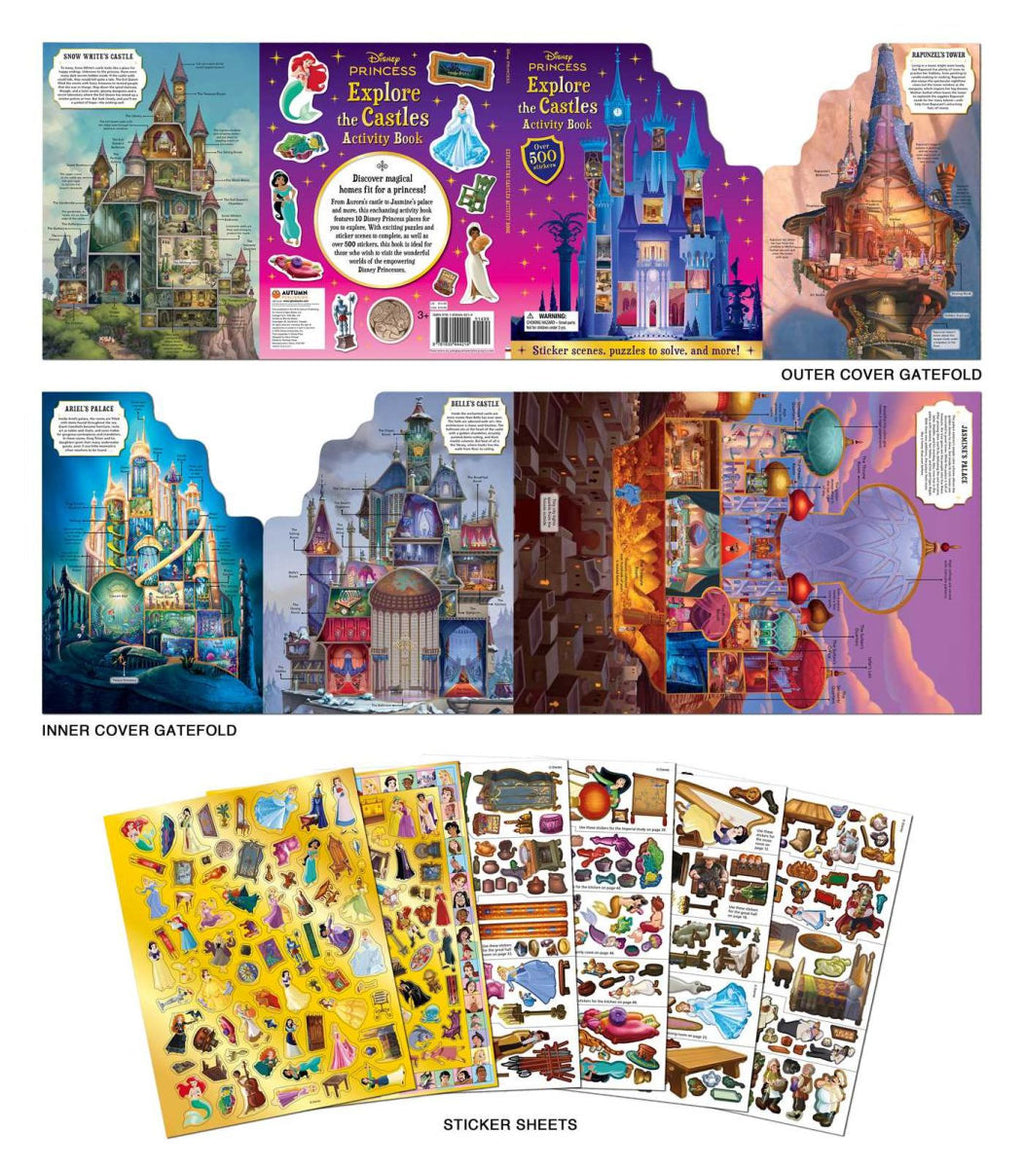 Carte de activitati pentru copii Disney Princess Explore the Castles, contine multiple activitati, inclusiv stickere