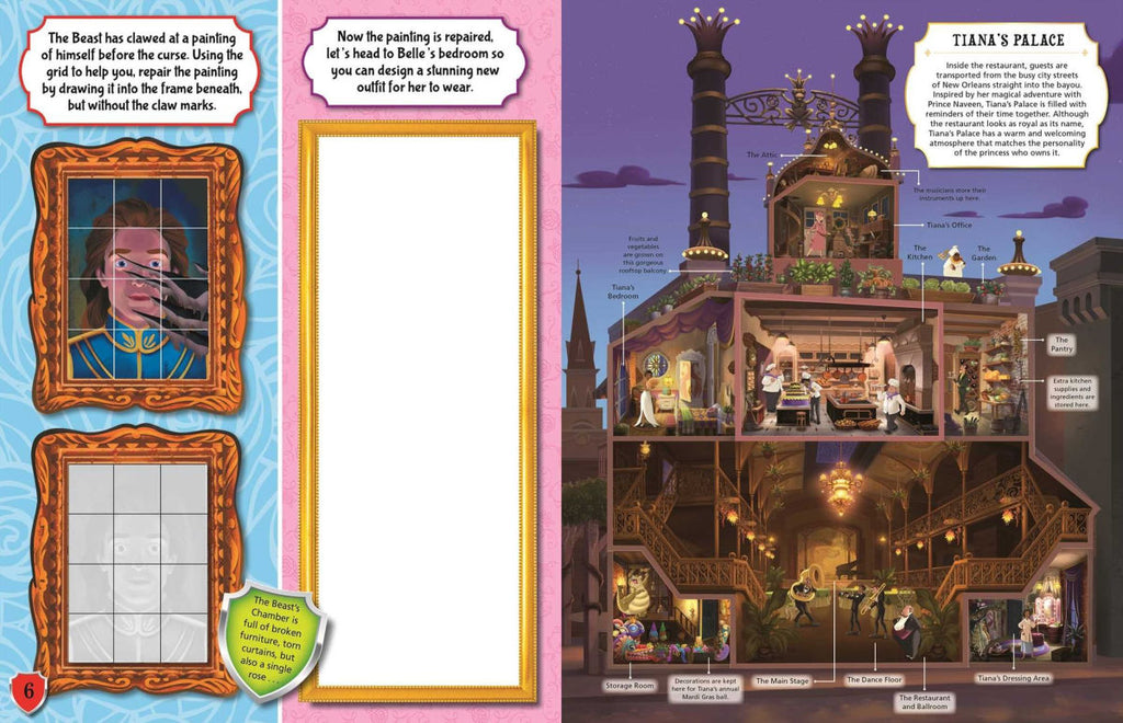 Carte de activitati pentru copii Disney Princess Explore the Castles, contine multiple activitati, inclusiv stickere