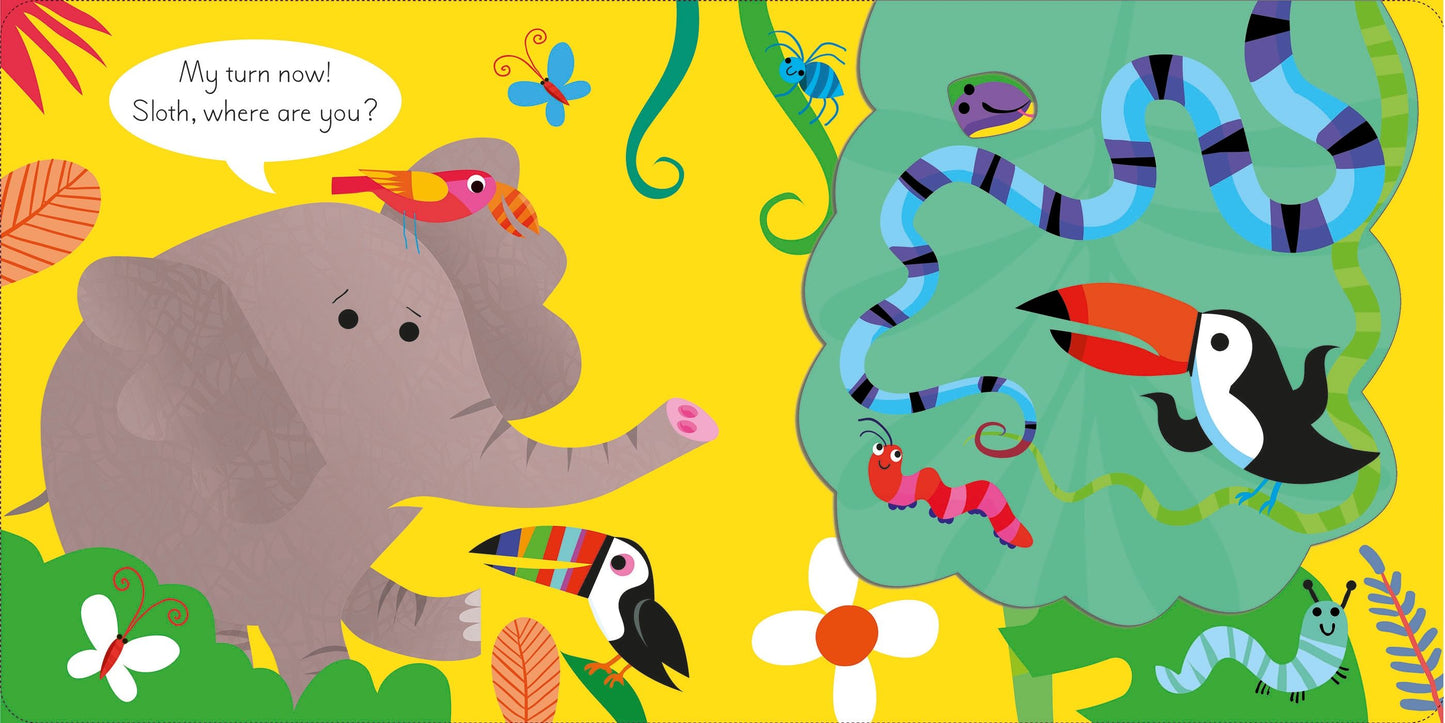 Carte pentru copii cartonata integral, cu ilustratii colorate si clapete Usborne Play Hide and Seek