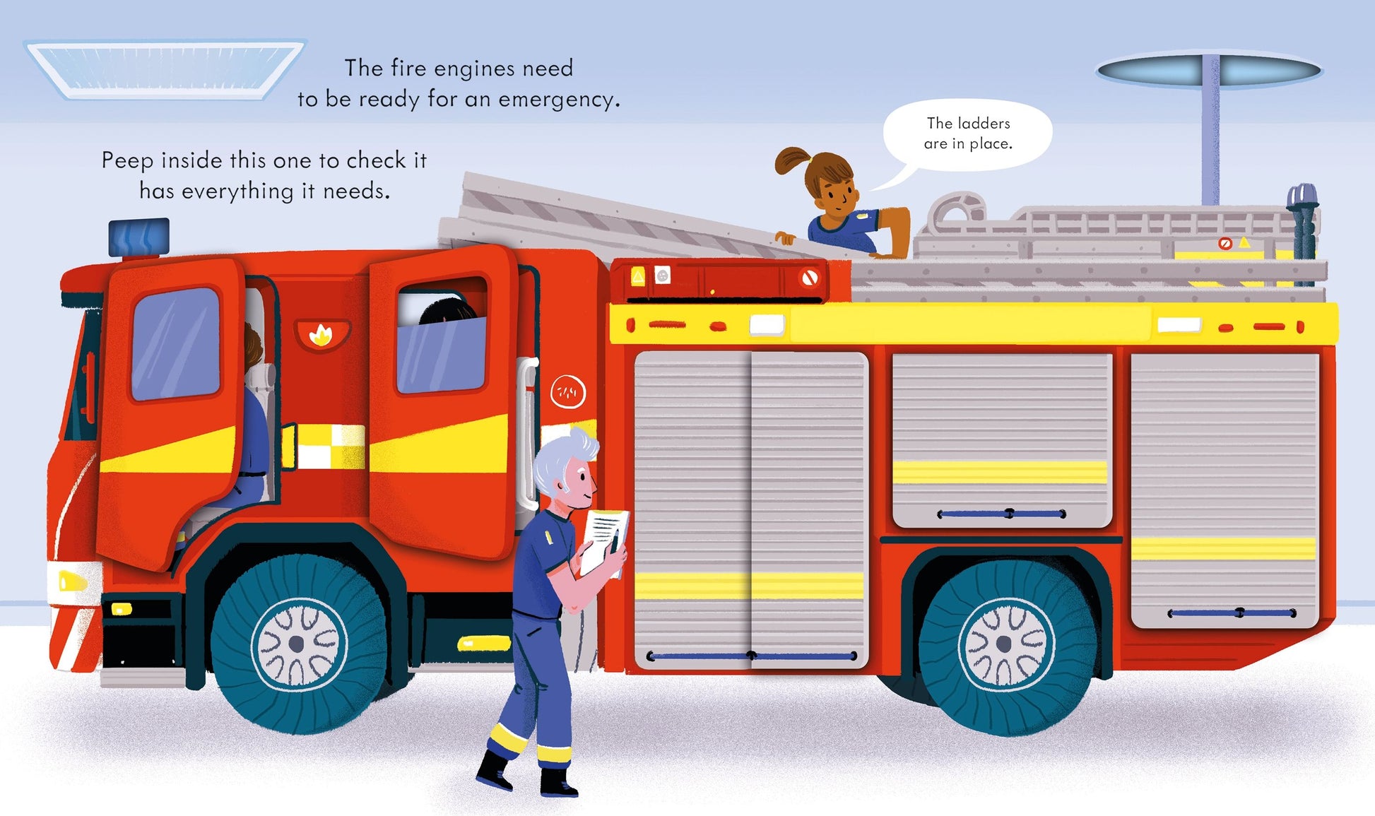 Carte educativa pentru copii, cu clapete, cartonata integral Usborne Peep Inside How A Fire Engine Works